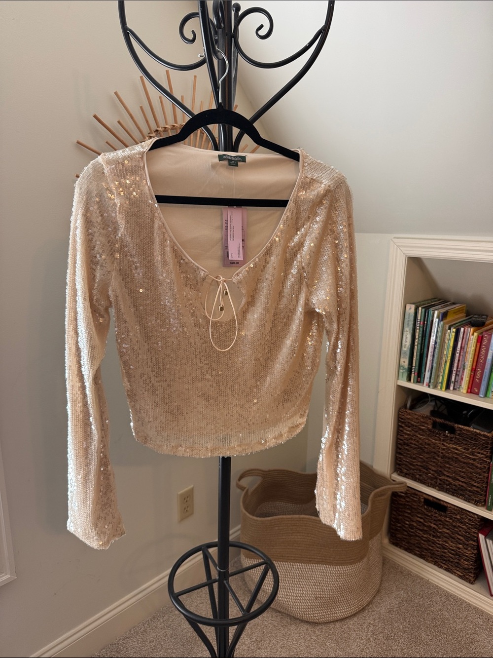 wild fable Champagne Sequin Tie-Front Long Sleeve Top